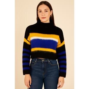 Abound Women’s Size L Black Yellow Blue Striped Fuzzy Cropped Sweater NWT
